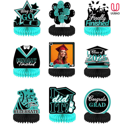 UUBAO 9 PCS Custom Graduation Party Honeycomb Centerpieces Class of 2025 Congrats Grad Decorations Congratulate Graduation Table Toppers for Graduation Party Favor Supplies (Peacock Blue)