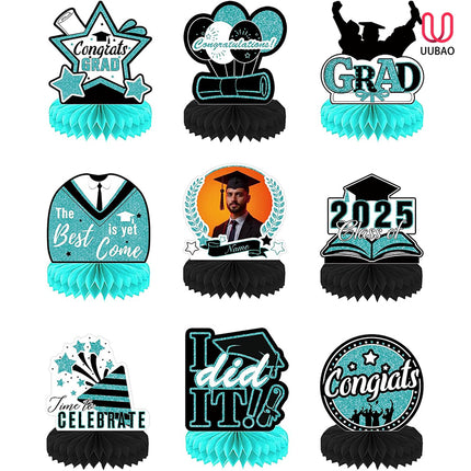 UUBAO 9 PCS Custom Graduation Party Honeycomb Centerpieces Class of 2025 Congrats Grad Decorations Congratulate Graduation Table Toppers for Graduation Party Favor Supplies (Peacock Blue)