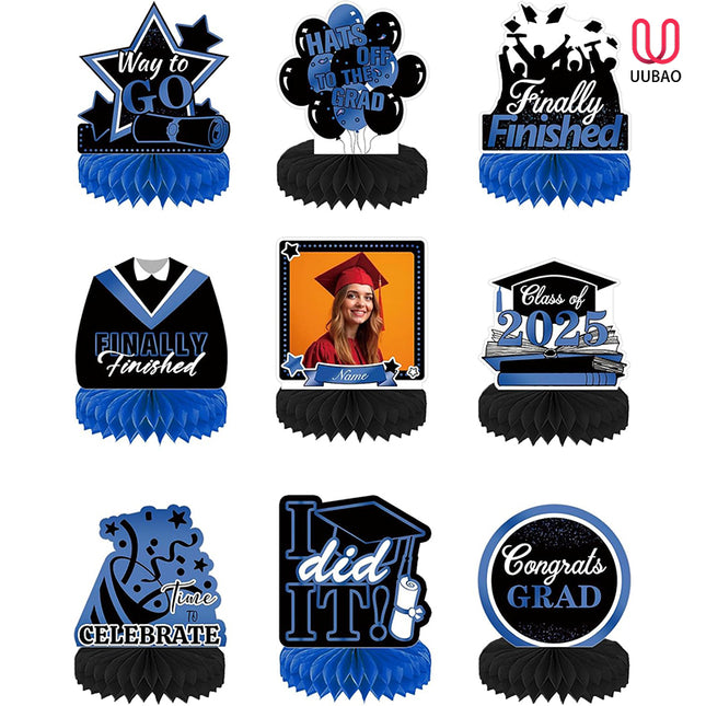UUBAO 9 PCS Custom Graduation Party Honeycomb Centerpieces Class of 2025 Congrats Grad Decorations Congratulate Graduation Table Toppers for Graduation Party Favor Supplies (Navy Blue)
