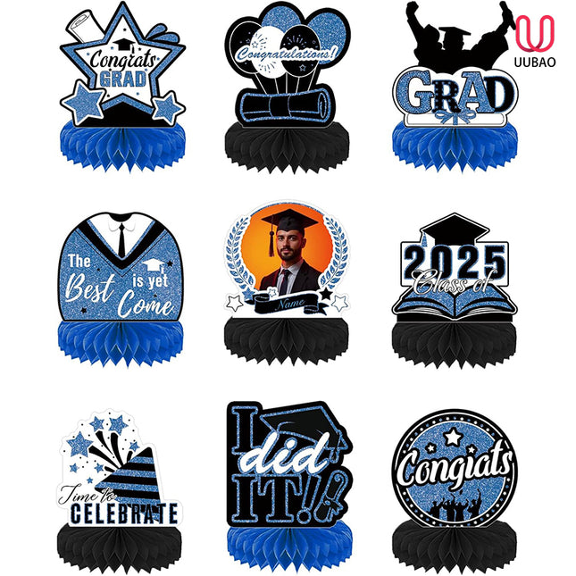 UUBAO 9 PCS Custom Graduation Party Honeycomb Centerpieces Class of 2025 Congrats Grad Decorations Congratulate Graduation Table Toppers for Graduation Party Favor Supplies (Navy Blue)