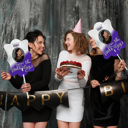 UUBAO Custom Happy Birthday Face Cutout Fans Personalized Photo Prop Signs for Birthday Party(Purple and Silver)