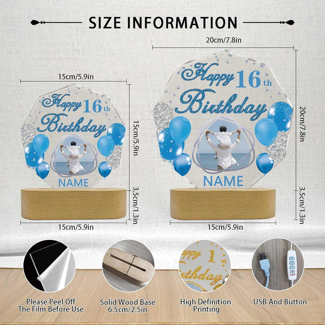 UUBAO Personalized Happy Birthday Night Light Gift with Photo Customized Acrylic Lamp for Her Mom Daughter Grandma Nana(Blue and Silver)
