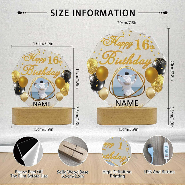 UUBAO Personalized Happy Birthday Night Light Gift with Photo Customized Acrylic Lamp for Her Mom Daughter Grandma Nana(Black and Gold)