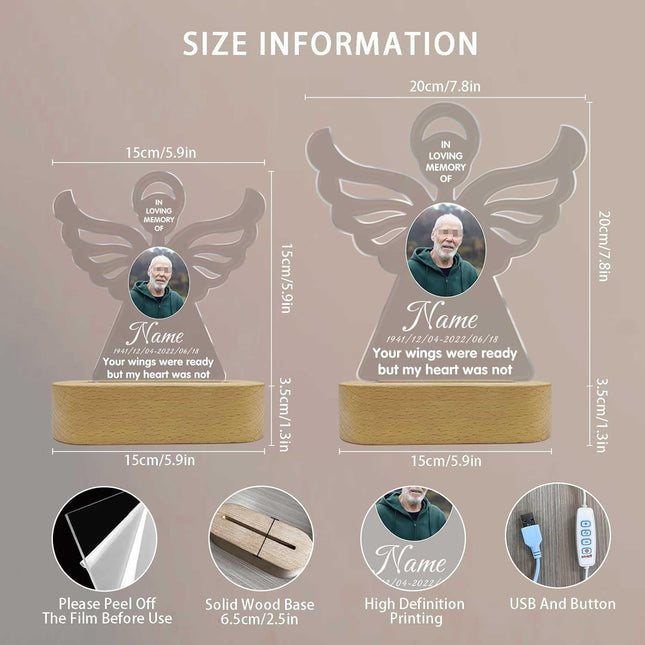 UUBAO Personalized Memorial Gift Photo Night Light Customized Light Up Acrylic Plaque Lamp Sympathy Bereavement Remembrance Gift(Angel Wing)