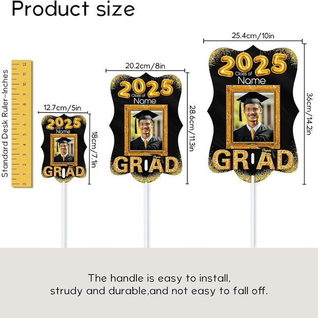 UUBAO Personalized Graduation Double Sided Face Fan Class of 2025 Customized Graduation Head Face Cutout with Handle Fun Photo Prop Supplies(Black and Gold)