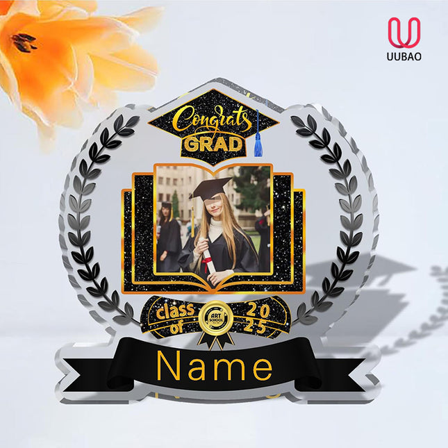 UUBAO Customized Graduation Plaque with Single Picture Custom Picture 2025 Congrats Grad Crystal Desktop Farewell Keepsake Gift (Black and Gold)
