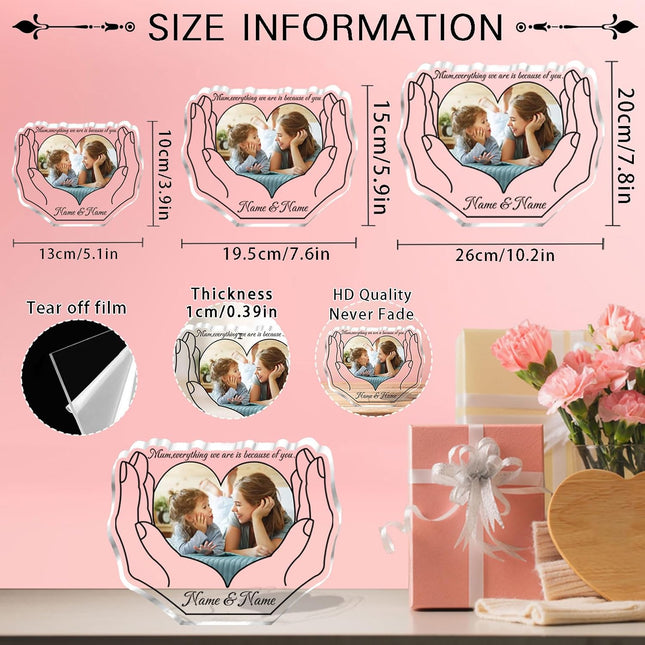 UUBAO Custom Mother‘s Day Personalized Acrylic Plaque with Photos Name Gifts for Mom (Heart Hand)