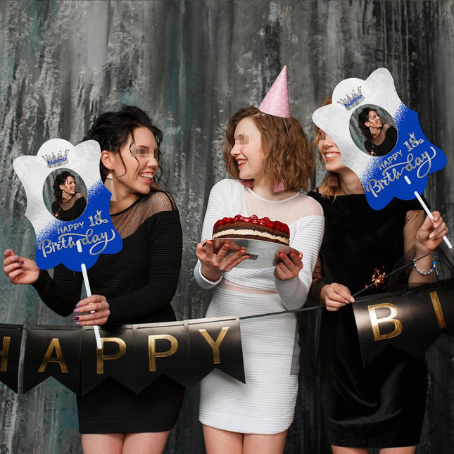 UUBAO Custom Happy Birthday Face Cutout Fans Personalized Photo Prop Signs for Birthday Party(Blue and Silver)