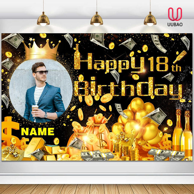 UUBAO Custom Happy Birthday Decorations Banner Backdrop for Women Men Boys Girls Personalization Black and Gold Birthday Party Supplies