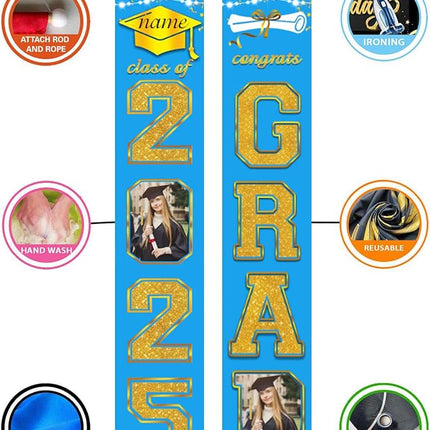 UUBAO Custom Graduation Party Decorations 2025 Personalization Congrats Grad Banner Graduation Front Door Porch Sign Backdrop(Sky Blue and Gold)