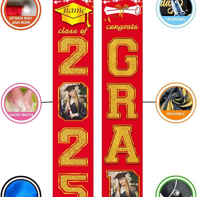 UUBAO Custom Graduation Party Decorations 2025 Personalization Congrats Grad Banner Graduation Front Door Porch Sign Backdrop(Red and Gold)
