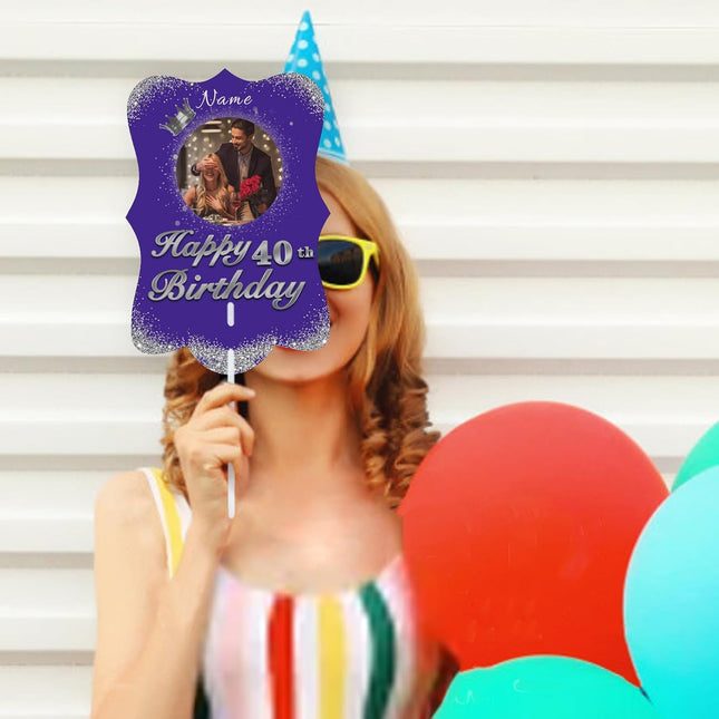 UUBAO Personalized Double Sided Happy Birthday Photo Prop Face Fan Customized Birthday Fun Supplies(Purple and Silver)