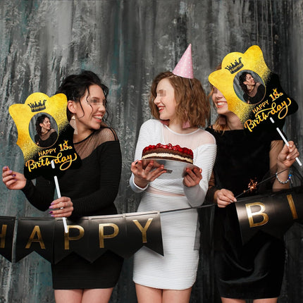 UUBAO Custom Happy Birthday Face Cutout Fans Personalized Photo Prop Signs for Birthday Party(Black and Gold)