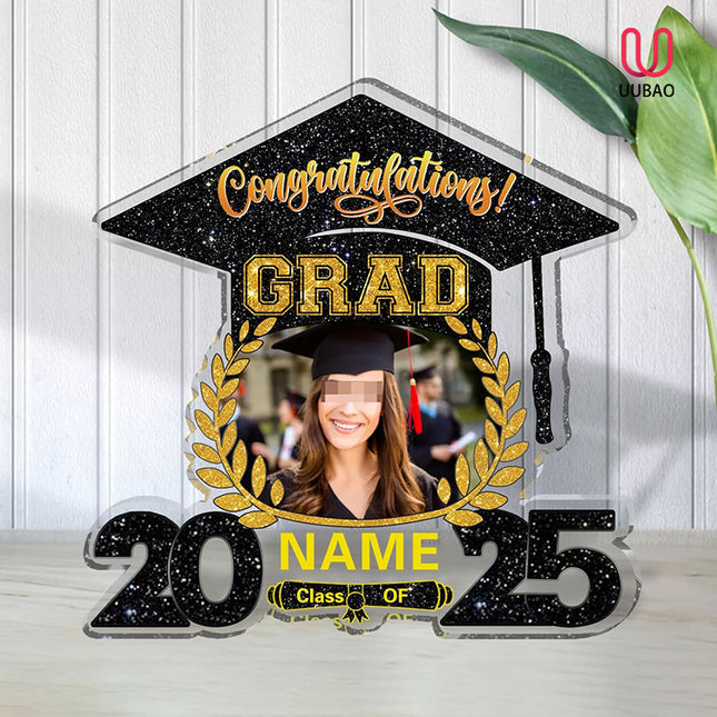 UUBAO Customized Graduation Plaque with Photo Crystal Desktop Keepsake Gift (Black and Gold)