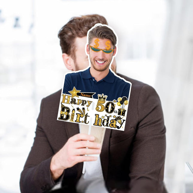 UUBAO Personalized Double Sided Happy Birthday Photo Prop Face Fan Customized Birthday Fun Supplies(Black and Gold)