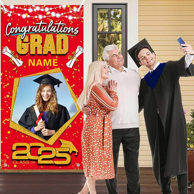 UUBAO Custom Graduation Party Decorations Personalization Banner Class of 2025 Backdrop Door Cover (Red and Gold)