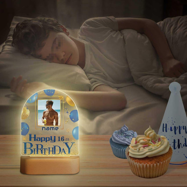 UUBAO Personalized Happy Birthday Night Light Gift with Photo Customized Acrylic Lamp for Her Mom Daughter Grandma Nana(Blue and Gold)