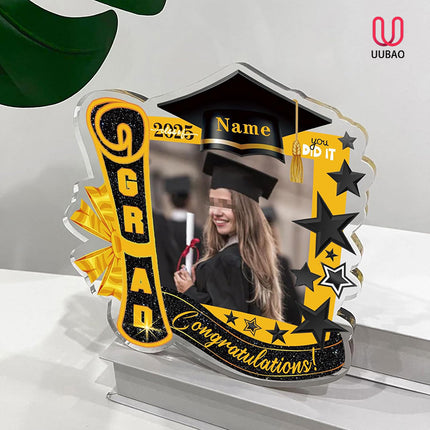 UUBAO Customized Graduation Plaque with Single Picture Custom Picture 2025 Congrats Grad Crystal Desktop Farewell Keepsake Gift (Black and Gold)