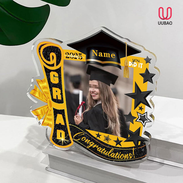 UUBAO Customized Graduation Plaque with Single Picture Custom Picture 2025 Congrats Grad Crystal Desktop Farewell Keepsake Gift (Black and Gold)