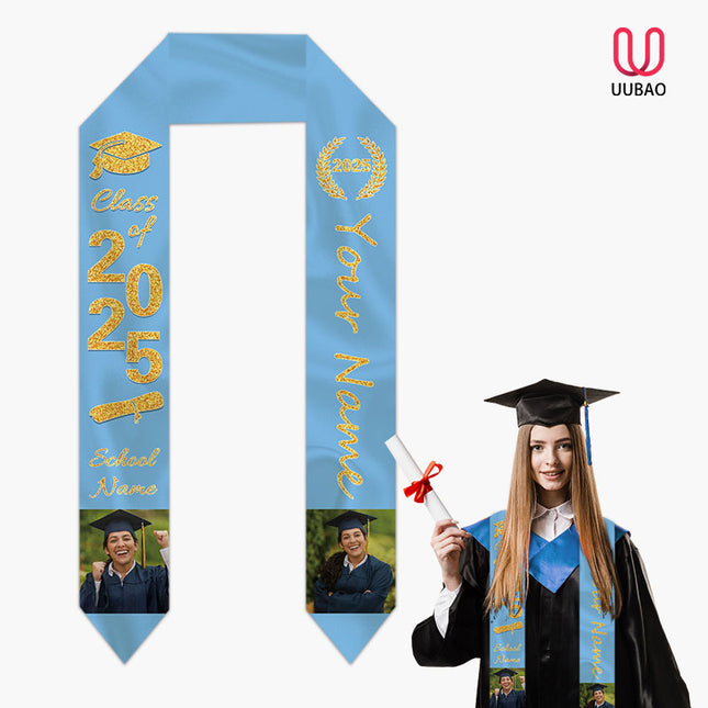 UUBAO Personalized Photo Name Graduation Shawl Custom Multi-color Option Graduation Stole Class Of 2025 Honor Shoulder Strap Decoration (Sky Blue)
