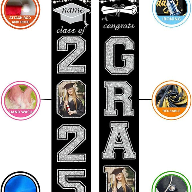 UUBAO Custom Graduation Party Decorations 2025 Personalization Congrats Grad Banner Graduation Front Door Porch Sign Backdrop(Black and Silver)
