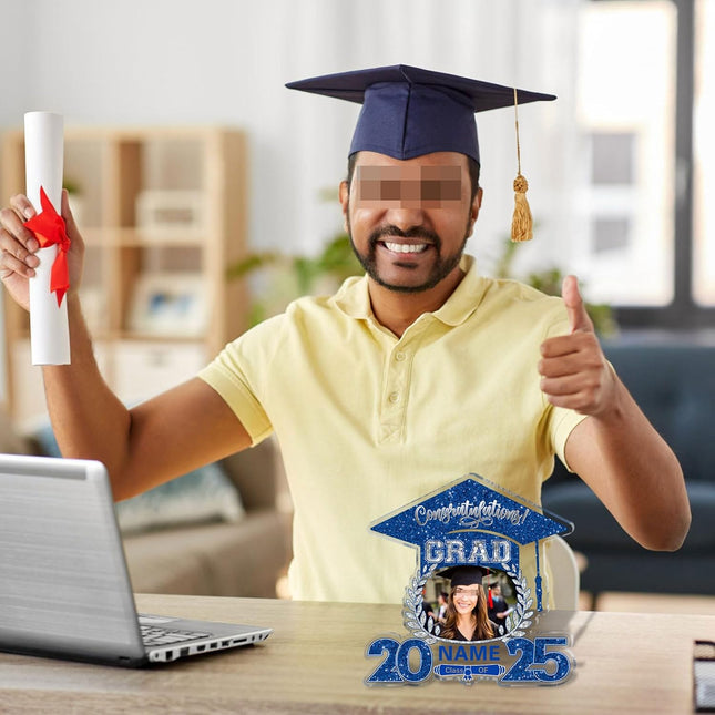 UUBAO Customized Graduation Plaque with Photo Crystal Desktop Keepsake Gift (Blue and Silver)
