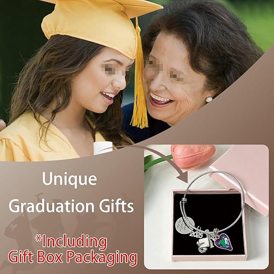 UUBAO Custom Graduation Bracelet 2025 Personalized Engraved Name High School College Graduation Gifts, Senior Graduate Crystal Heart Charm Bracelet Bangle