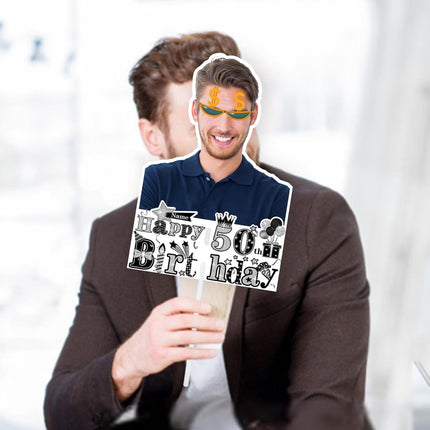 UUBAO Personalized Double Sided Happy Birthday Photo Prop Face Fan Customized Birthday Fun Supplies(Black and Silver)