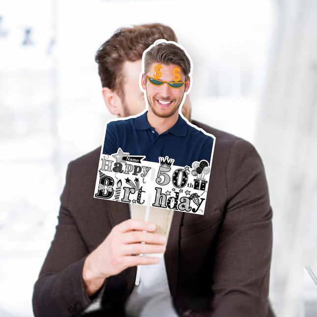 UUBAO Personalized Double Sided Happy Birthday Photo Prop Face Fan Customized Birthday Fun Supplies(Black and Silver)