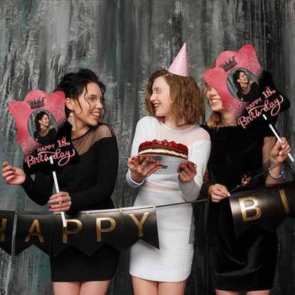 UUBAO Custom Happy Birthday Face Cutout Fans Personalized Photo Prop Signs for Birthday Party(Black and Rose Gold)