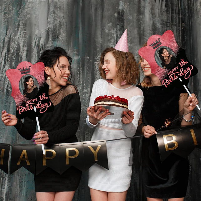 UUBAO Custom Happy Birthday Face Cutout Fans Personalized Photo Prop Signs for Birthday Party(Black and Rose Gold)
