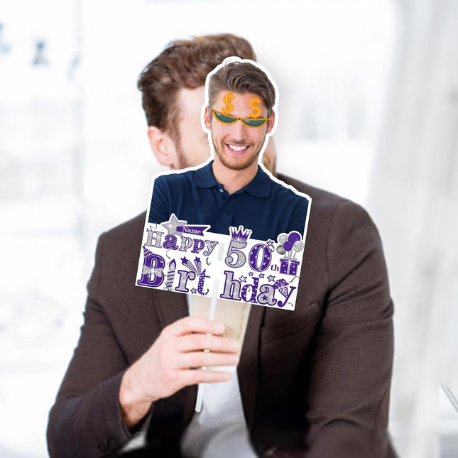 UUBAO Personalized Double Sided Happy Birthday Photo Prop Face Fan Customized Birthday Fun Supplies(Purple and Silver)