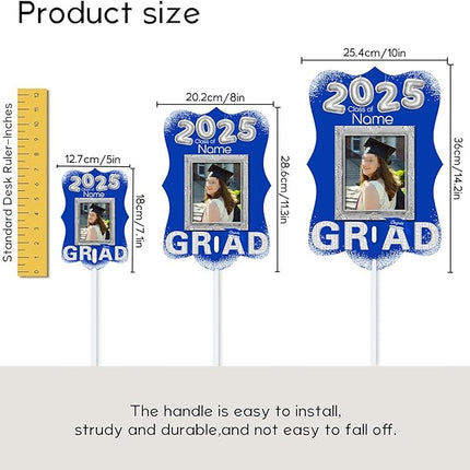 UUBAO Personalized Graduation Double Sided Face Fan Class of 2025 Customized Graduation Head Face Cutout with Handle Fun Photo Prop Supplies(Blue and Silver)