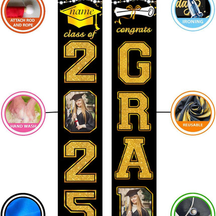 UUBAO Custom Graduation Party Decorations 2025 Personalization Congrats Grad Banner Graduation Front Door Porch Sign Backdrop(Black and Gold)