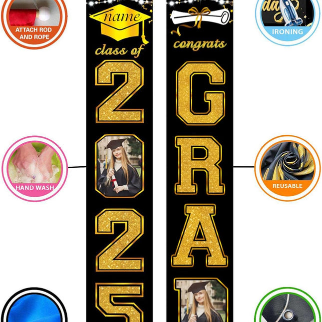 UUBAO Custom Graduation Party Decorations 2025 Personalization Congrats Grad Banner Graduation Front Door Porch Sign Backdrop(Black and Gold)