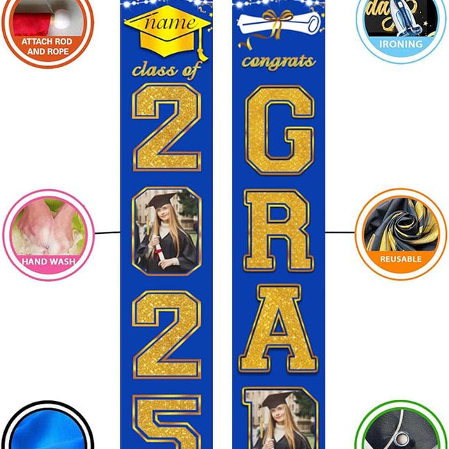 UUBAO Custom Graduation Party Decorations 2025 Personalization Congrats Grad Banner Graduation Front Door Porch Sign Backdrop(Blue and Gold)