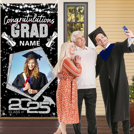 UUBAO Custom Graduation Party Decorations Personalization Banner Class of 2025 Backdrop Door Cover (Black and Silver)