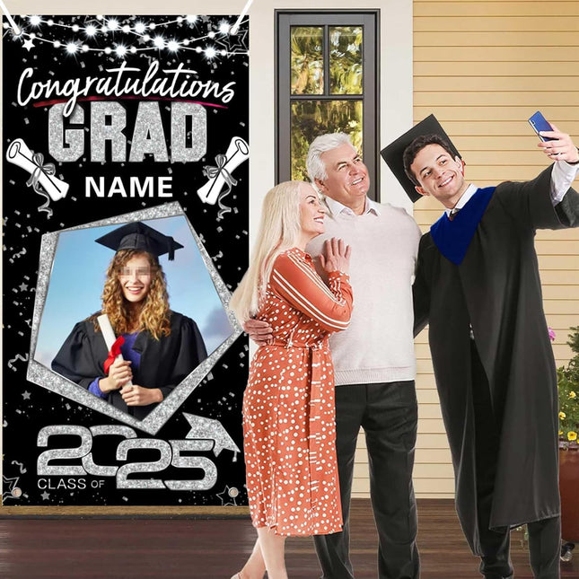 UUBAO Custom Graduation Party Decorations Personalization Banner Class of 2025 Backdrop Door Cover (Black and Silver)