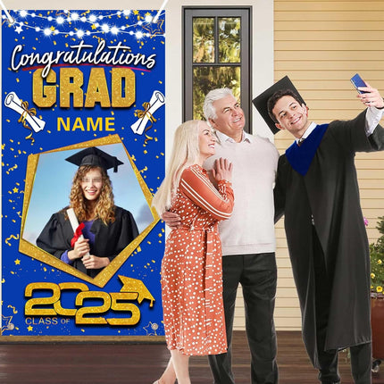 UUBAO Custom Graduation Party Decorations Personalization Banner Class of 2025 Backdrop Door Cover (Blue and Gold)