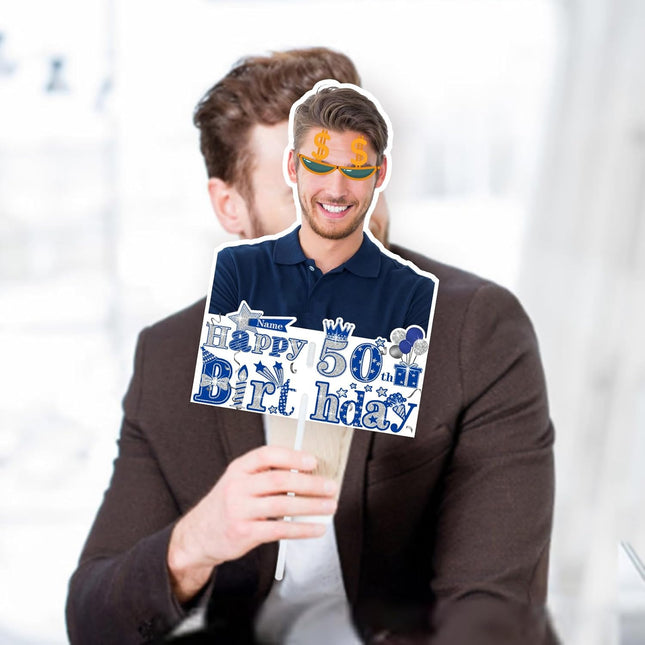 UUBAO Personalized Double Sided Happy Birthday Photo Prop Face Fan Customized Birthday Fun Supplies(Blue and Silver)