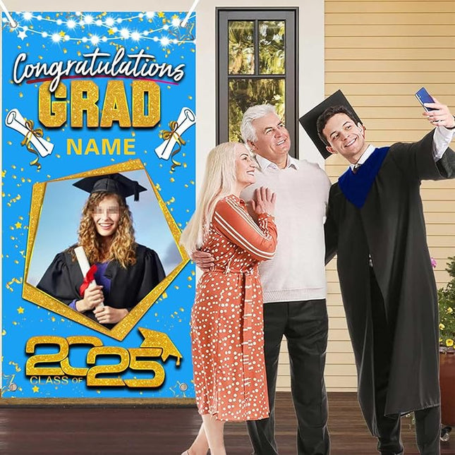 UUBAO Custom Graduation Party Decorations Personalization Banner Class of 2025 Backdrop Door Cover (Sky Blue and Gold)