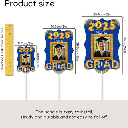 UUBAO Personalized Graduation Double Sided Face Fan Class of 2025 Customized Graduation Head Face Cutout with Handle Fun Photo Prop Supplies(Blue and Gold)