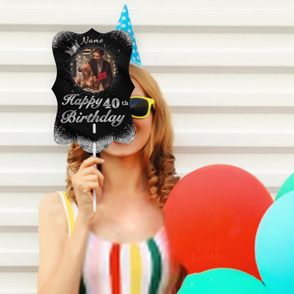 UUBAO Personalized Double Sided Happy Birthday Photo Prop Face Fan Customized Birthday Fun Supplies(Black and Silver)