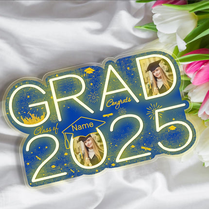 UUBAO Personalized Graduation Gift Neon Signs Congrats Grad LED Light Signs with Photo 2025 Party Backdrop Light Sign Decor (Blue and Gold)