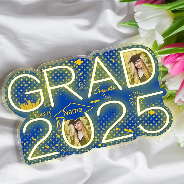 UUBAO Personalized Graduation Gift Neon Signs Congrats Grad LED Light Signs with Photo 2025 Party Backdrop Light Sign Decor (Blue and Gold)
