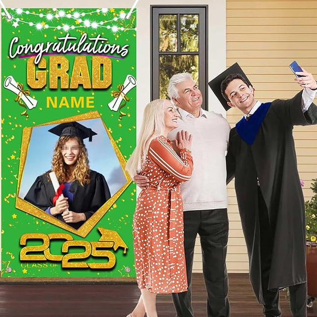 UUBAO Custom Graduation Party Decorations Personalization Banner Class of 2025 Backdrop Door Cover (Light Green and Gold)