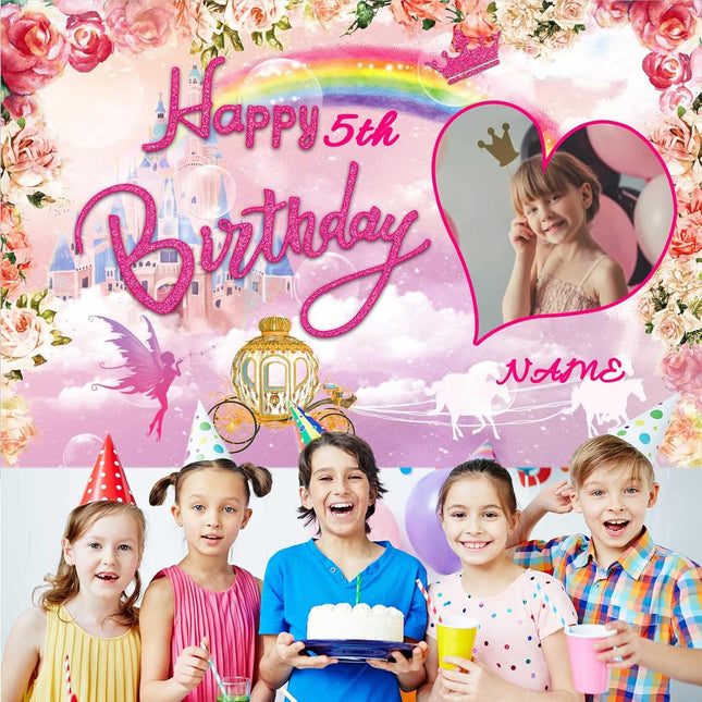 UUBAO Custom Princess Castle Happy Birthday Party Decorations Supplies Personalized Pink Royal Backdrop Banner for Girl