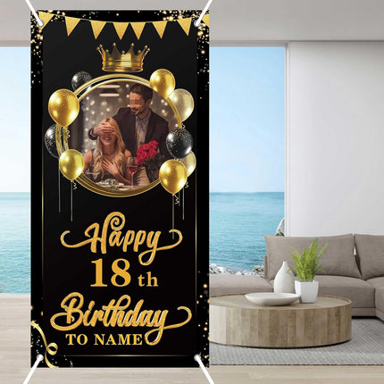 UUBAO Custom Happy Birthday Door Banner Backdrop Birthday Decorations Party Supplies for Women Men(Black and Gold)
