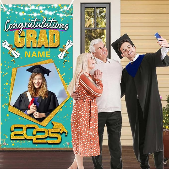 UUBAO Custom Graduation Party Decorations Personalization Banner Class of 2025 Backdrop Door Cover (Peacock Blue and Gold)
