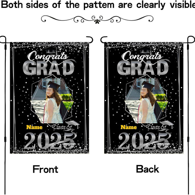 UUBAO Custom Graduation Garden Flag with Photo Class of 2025 Congrats Grad Double Sided Yard Flag Decorative Gifts (Black and Silver)